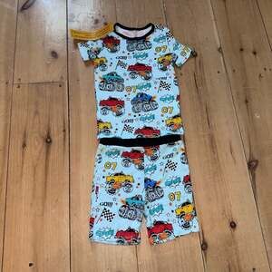 Cartoon Monster Truck Print Two Piece Bamboo Short Sleeve Pajama Set Size 4-5Y